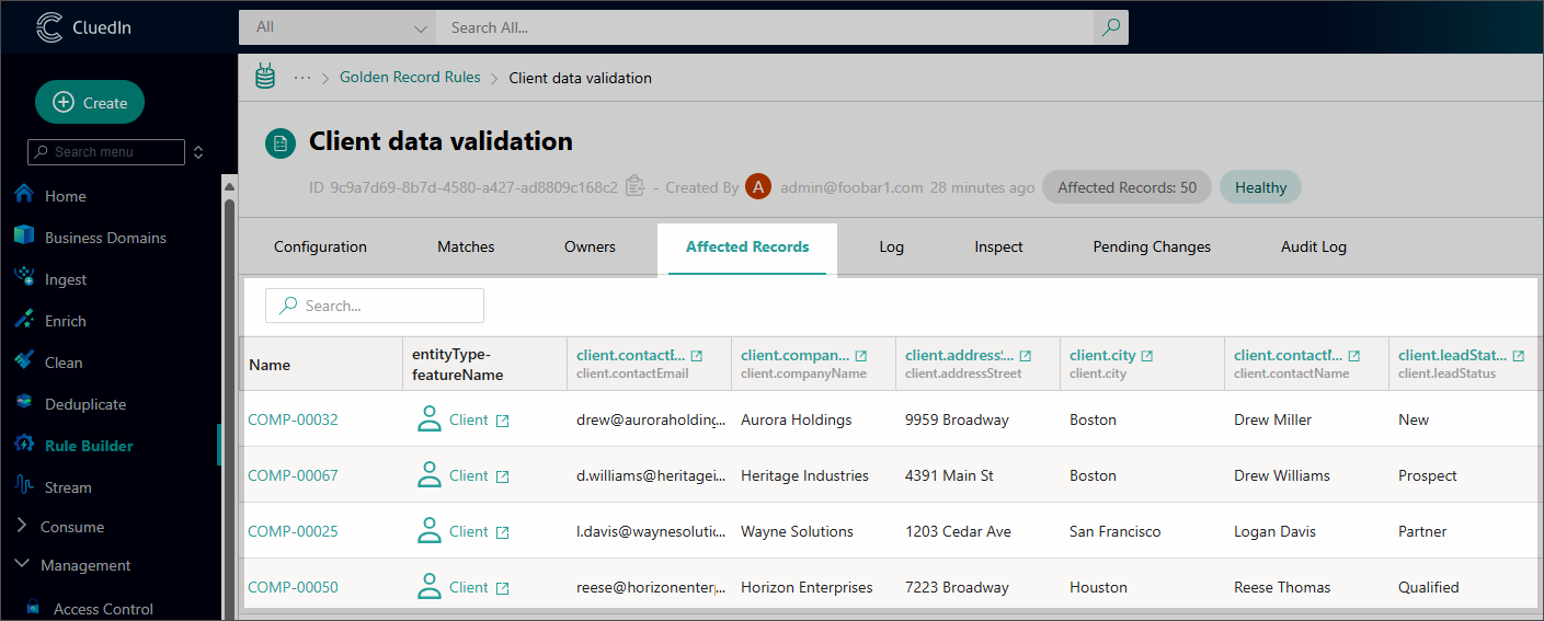 The Affected Records tab of the Client data validation rule, listing the Client golden records changed by the rule